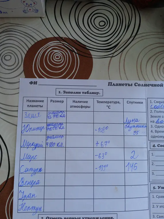 Можешь ли ты заполнить таблицу про планеты?