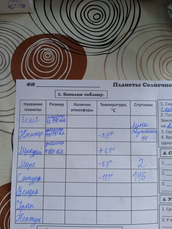Можешь ли ты помочь мне заполнить таблицу про планеты?