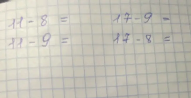 Реши примеры: 11 - 8 =, 11 - 9 =, 17 - 9 =, 17 - 8 =