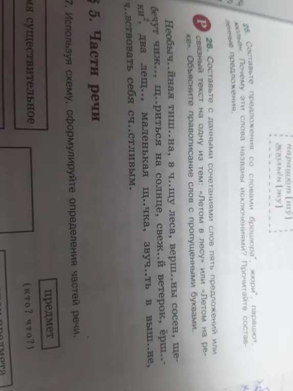 Помоги составить предложения со словами: брошюра, жюри, парашют, жюльен. Объясни, почему эти слова названы исключениями. Также помоги составить связный текст на тему «Летом в лесу» или «Летом на реке». Объясни правописание слов с пропущенными буквами. И, наконец, используя схему, сформулируй определения частей речи.