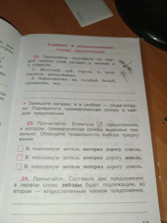 Составь загадки о молнии и стрекозе из каждой группы слов и отметь предложение, в котором грамматическая основа выделена правильно.