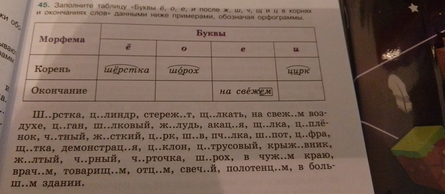 Ты просишь заполнить таблицу «Буквы ё, о, е, и после ж, ш, ч, щи ц в корнях и окончаниях слов» данными ниже примерами, обозначая орфограммы.