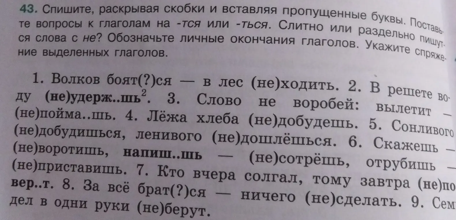 Спиши, раскрывая скобки и вставляя пропущенные буквы в предложении "Волков боят(?)ся — в лес (не)ходить"