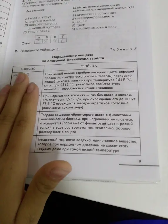 Заполни таблицу 5. «Определение веществ по описанию физических свойств»