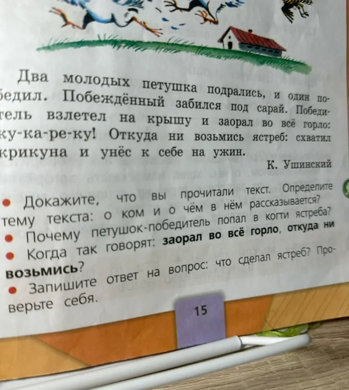 Можешь доказать, что прочитал текст, определив тему текста, объяснив, почему петушок-победитель попал в когти ястреба, и ответив на вопрос, что сделал ястреб?