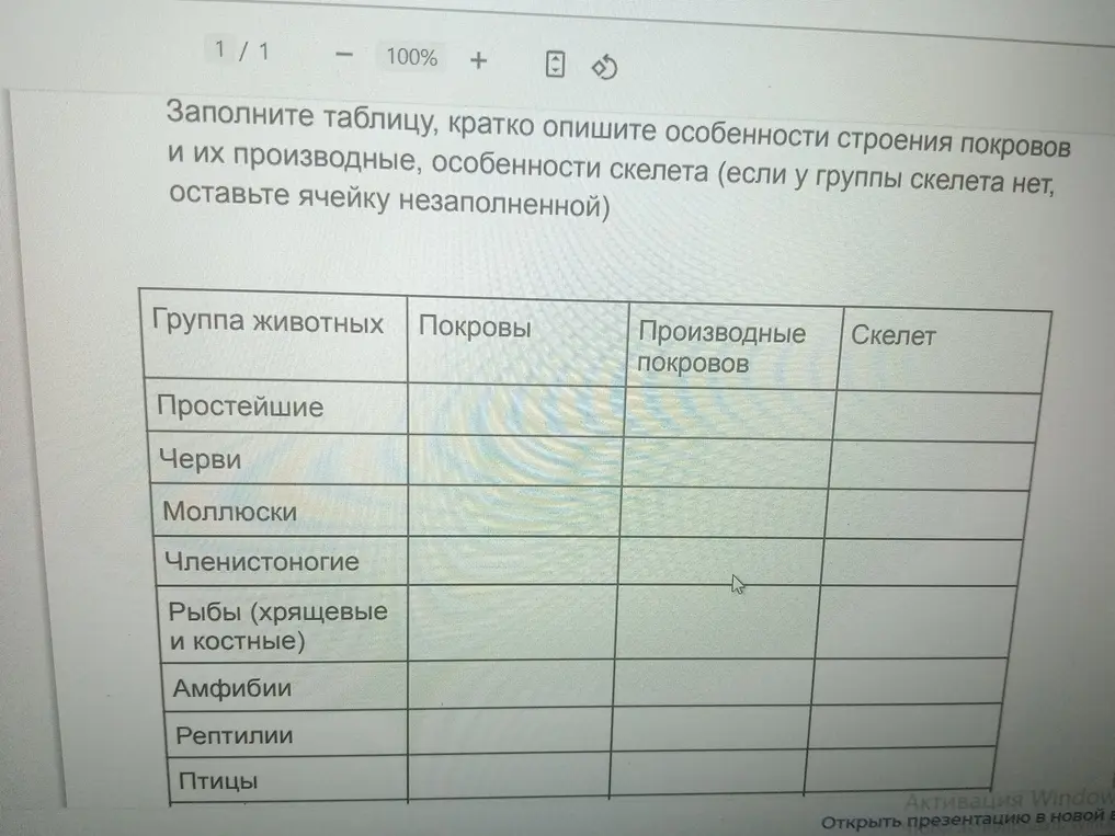 Составь таблицу, в которой кратко опиши особенности строения покровов и их производные, особенности скелета у разных групп животных