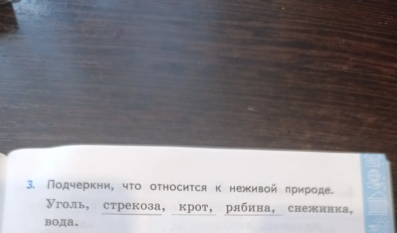 Мне нужно подчеркнуть, что относится к неживой природе: уголь, стрекоза, крот, рябина, снежинка, вода.