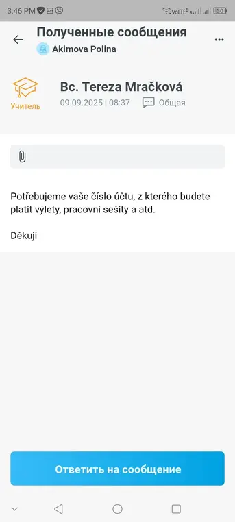 Переведи текст сообщения на чешском языке