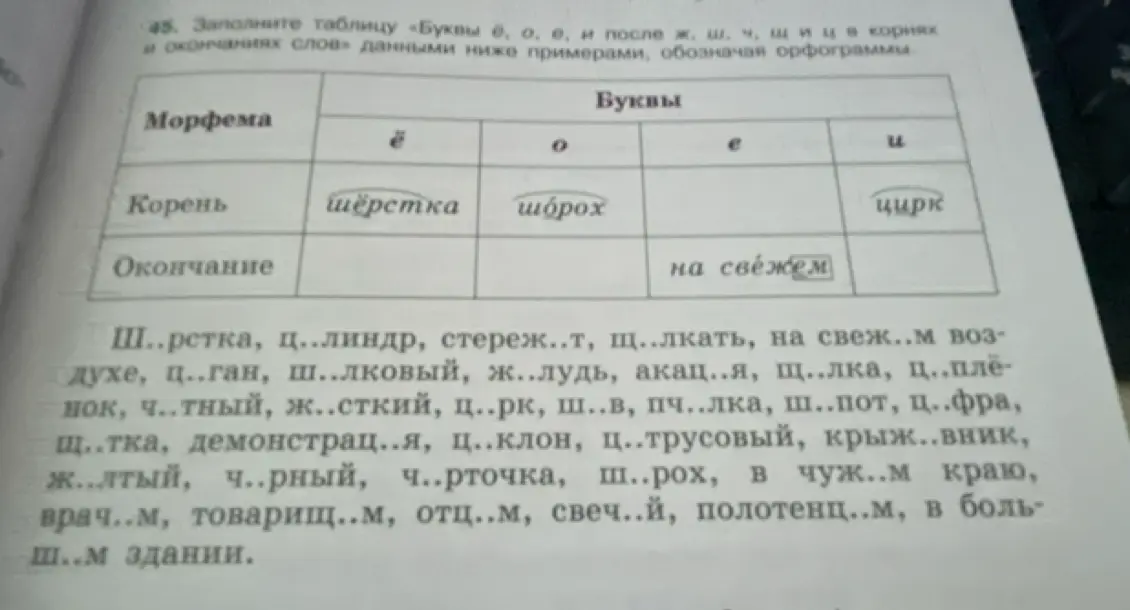 Заполни таблицу «Буквы ё, о, е, и после ж, ш, ч, щ и ц в корнях и окончаниях слов» данными ниже примерами, обозначая орфограммы: Ш..рстка