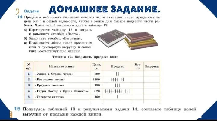 Ты просишь меня помочь заполнить таблицу из задачи 14 и составить таблицу долей выручки от продажи каждой книги в задаче 15.