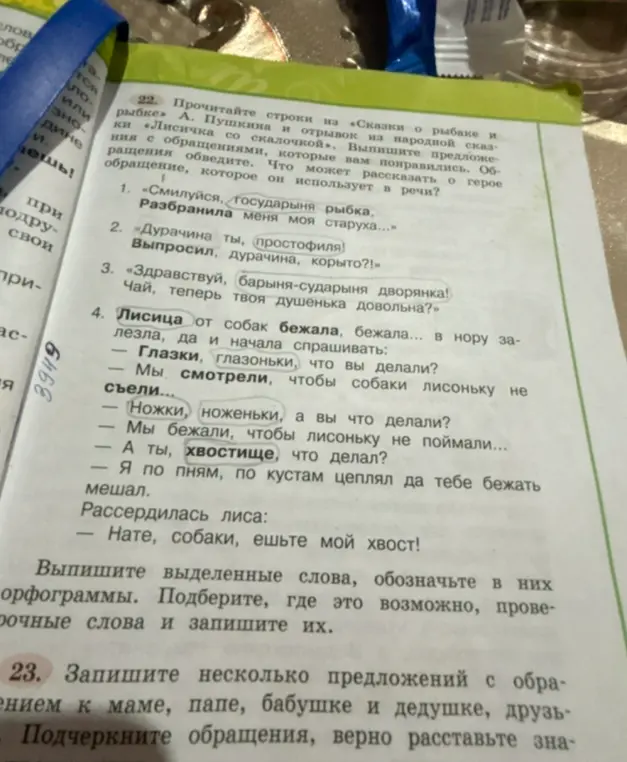 Выполни задание: выпиши предложения с обращениями, обведи обращения и ответь на вопросы; выпиши выделенные слова и подбери к ним проверочные слова; запиши несколько предложений с обращениями.