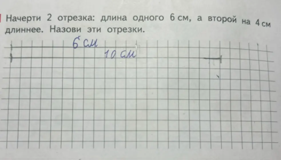 Начерти 2 отрезка: длина одного 6 см, а второй на 4 см длиннее. Назови эти отрезки.