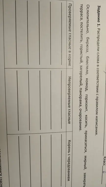 Мне нужно распределить слова в соответствии с правилом написания: ослепительно, бирюза, блестело, комод, горизонт, косить, прикасаться, мирный, замирать, терраса, постелить, гористый, загорелый, панорама, очарование.