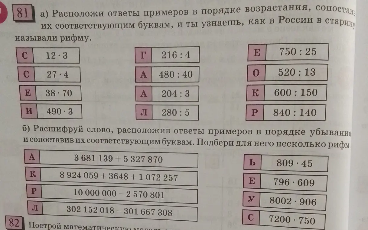 Предложи расшифровать слова, расположив ответы примеров в порядке возрастания и убывания и сопоставив их соответствующим буквам.