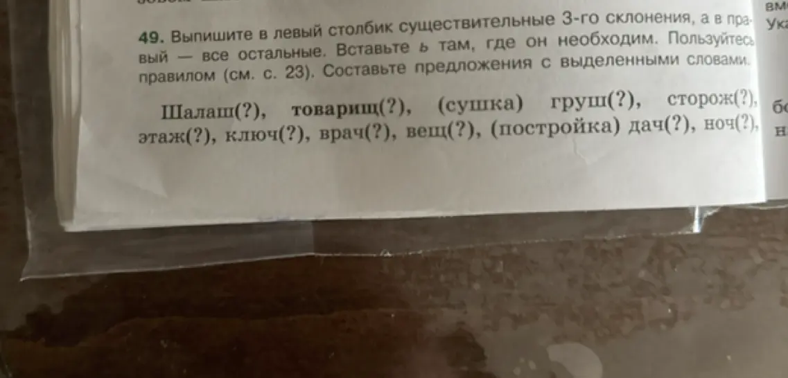 Выпиши в левый столбик существительные 3-го склонения, а в правый — все остальные. Вставь ь там, где он необходим.