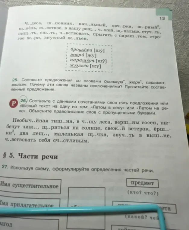 Составь с данными сочетаниями слов пять предложений или связный текст на одну из тем: «Летом в лесу» или «Летом на реке». Используя схему, сформулируй определения частей речи.