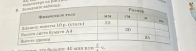 Заполни таблицу: переведи значения из мм в см, м, км; из см в мм, м, км; из м в мм, см, км. Сравни, что больше: 40 мин или 3/4 ч.