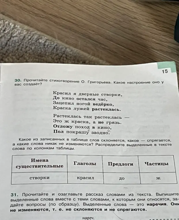 Распредели выделенные в тексте слова по колонкам таблицы