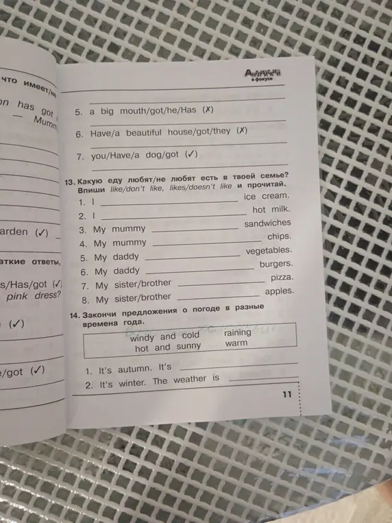 Выполни задания: в задании 13 заполни пропуски словами like/don't like, likes/doesn't like и прочитай; в задании 14 закончи предложения о погоде в разные времена года