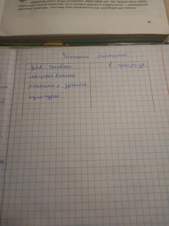 Ты заполняешь таблицу про значение растений для человека и в природе.