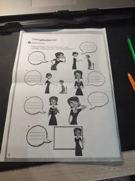 Помоги подписать картинки в упражнении на тему 'Classroom language'