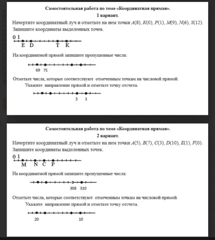Выполни задания по теме "Координатная прямая" в 1 и 2 вариантах: запиши координаты выделенных точек, пропущенные числа и отметь числа на числовой прямой.