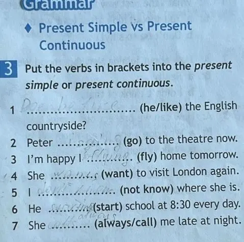 Помоги в упражнении, в котором нужно вставить глаголы в Present Simple или Present Continuous