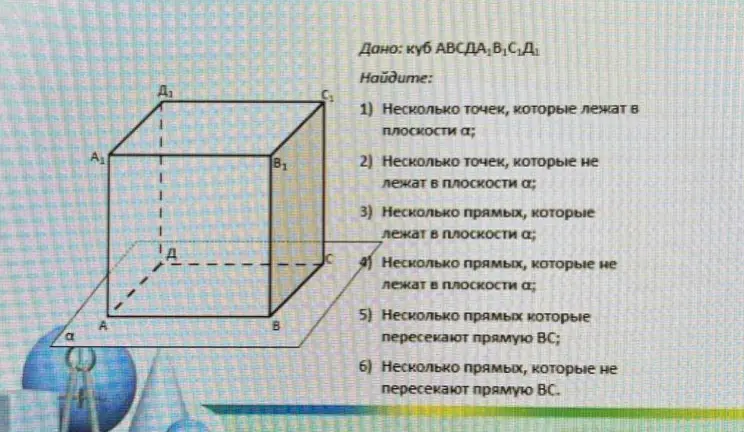 Выполни для куба $ABCDA_1B_1C_1D_1$ задание 1: Найди несколько точек, которые лежат в плоскости $\alpha$