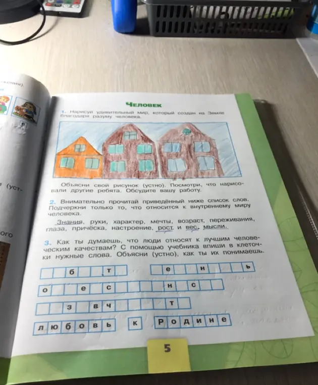 Как я думаю, что люди относят к лучшим человеческим качествам и какие слова нужно вписать в клеточки?