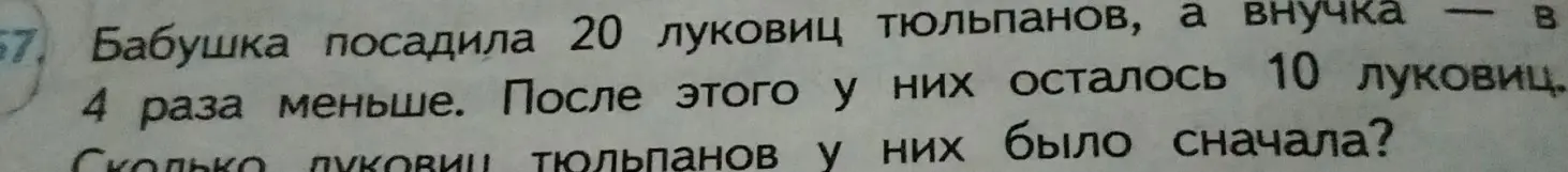 Ты просишь меня решить задачу: "Бабушка посадила 20 луковиц тюльпанов, а внучка в 4 раза меньше. После этого у них осталось 10 луковиц. Сколько луковиц тюльпанов у них было сначала?"