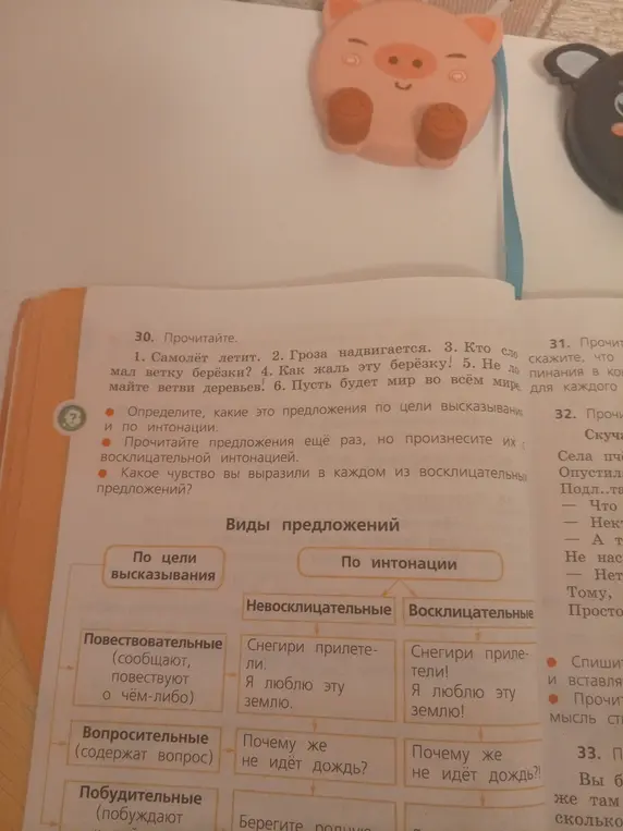Определи, какие это предложения по цели высказывания и по интонации в упражнении 30 под цифрой 1: Самолёт летит
