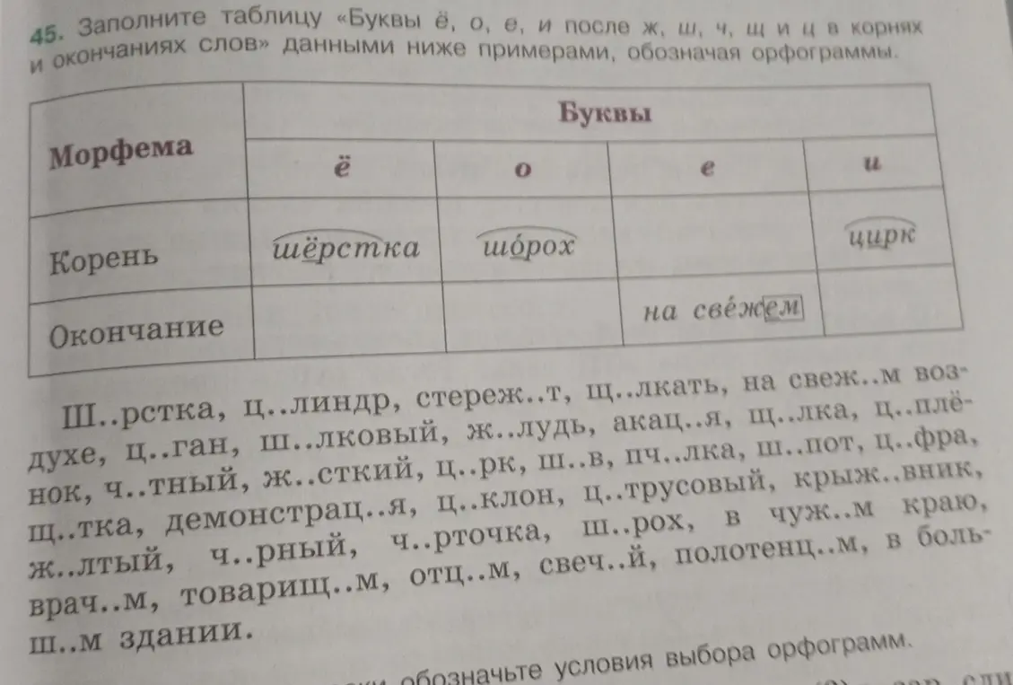 Заполни таблицу «Буквы ё, о, е, и после ж, ш, ч, щ и ц в корнях и окончаниях слов» данными ниже примерами, обозначая орфограммы