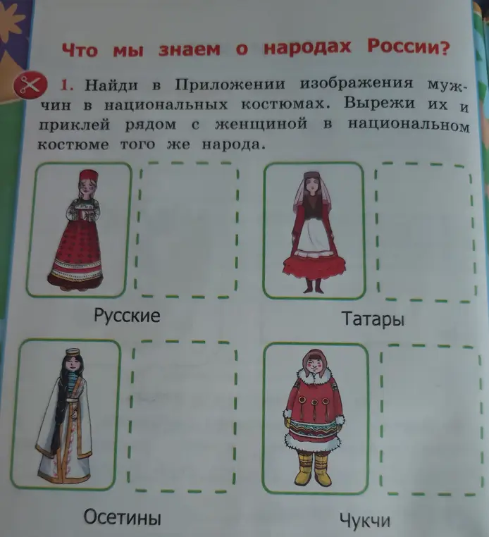 Предложи найти в приложении изображения мужчин в национальных костюмах и приклей рядом с женщиной в национальном костюме того же народа