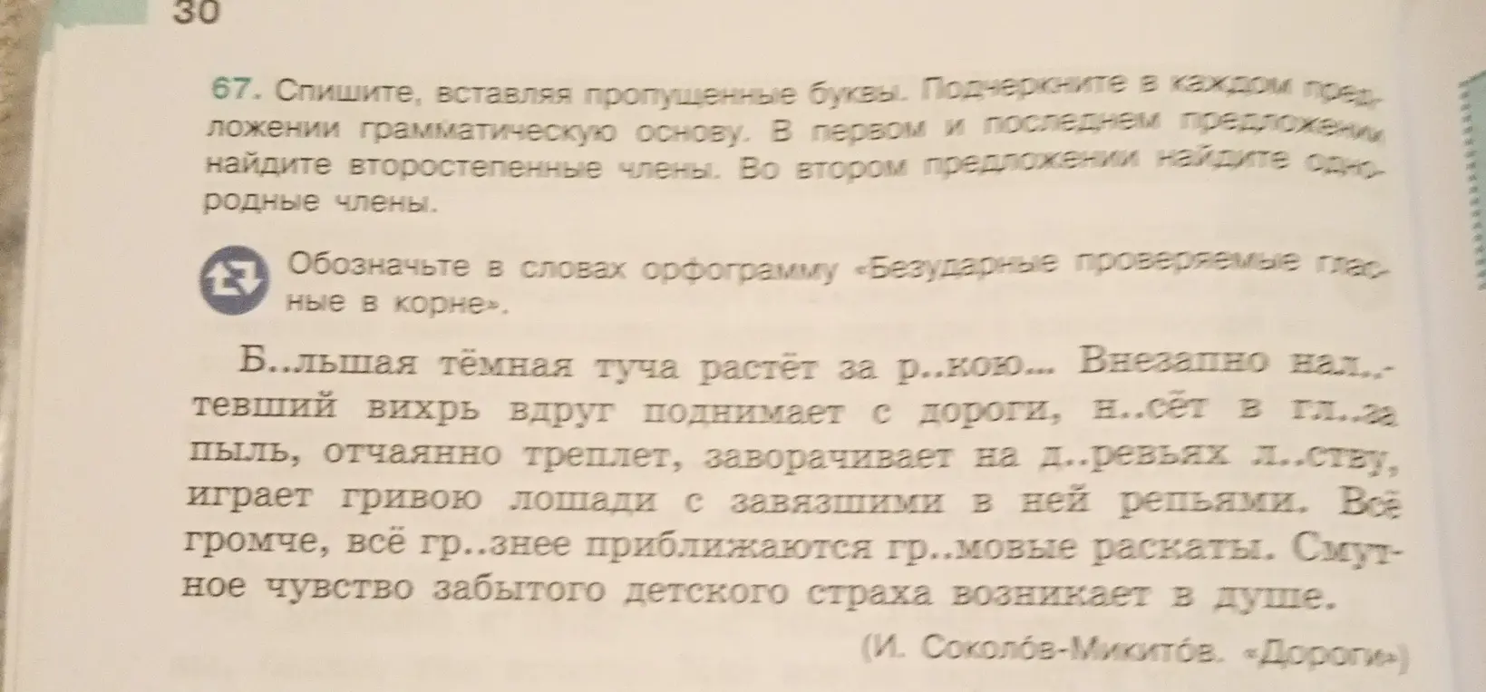 Предлагаешь списать текст, вставляя пропущенные буквы, подчеркнуть в каждом предложении грамматическую основу и найти второстепенные и однородные члены предложения.