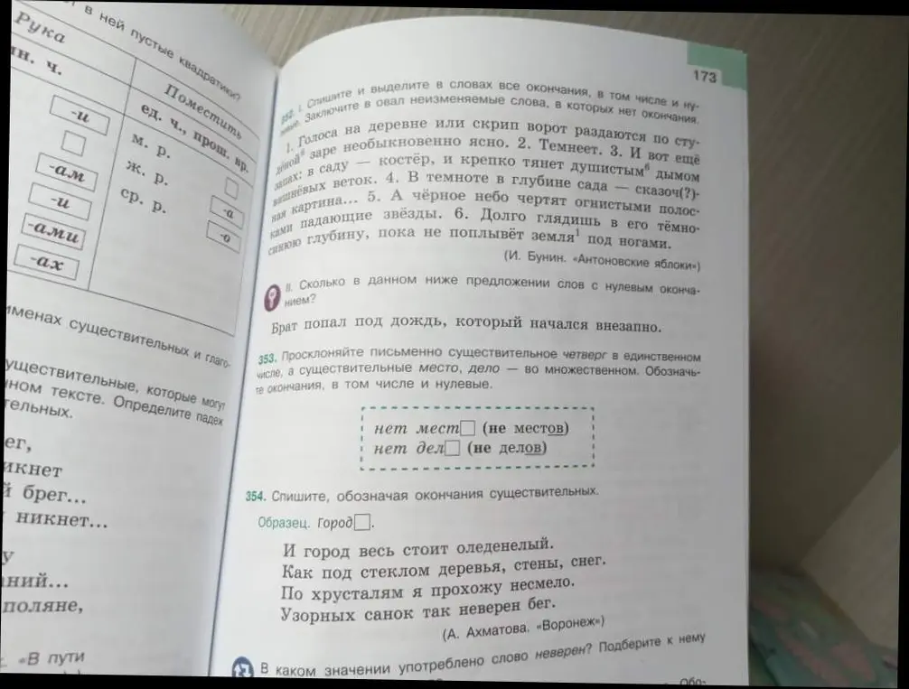 Выполни упражнение 353: просклоняй письменно существительное четверг в единственном числе, а существительные место, дело – во множественном. Обозначь те окончания, в том числе и нулевые.