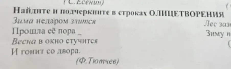 Найди и подчеркни в строках стихотворения олицетворения: Зима недаром злится