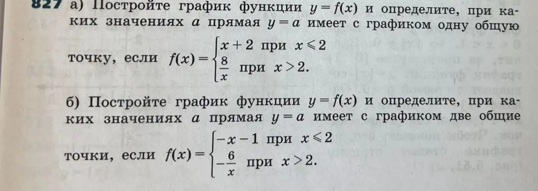 Помоги мне построить график функции y = f(x) и определить, при каких значениях a прямая y = a имеет с графиком одну общую точку, если f(x) = {x+2 при x≤2, 8/x при x > 2}.