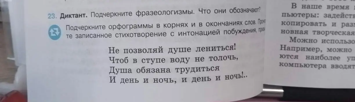 Выполни задание: подчеркни фразеологизмы и орфограммы в стихотворении «Не позволяй душе лениться!»