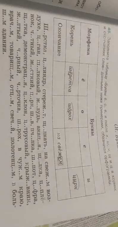 Заполни таблицу «Буквы ё, о, е, и после ж, ш, ч, щ и ц в корнях и окончаниях слов» данными ниже примерами, обозначая орфограммы