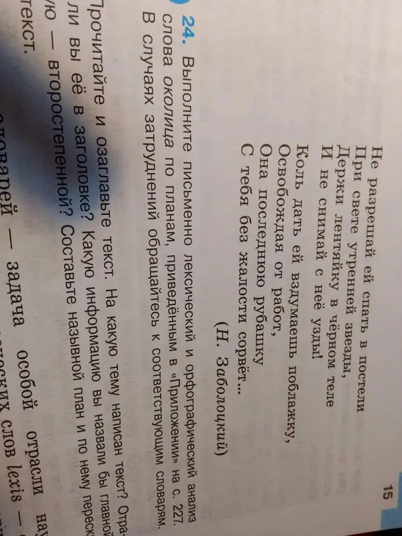 Выполни письменно лексический и орфографический анализ слова околица по планам, приведённым в «Приложении» на с. 227