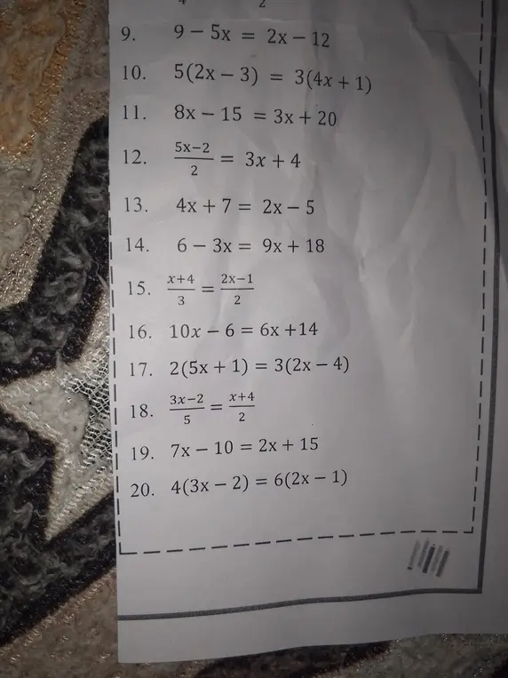 Реши уравнения: 9 - 5x = 2x - 12