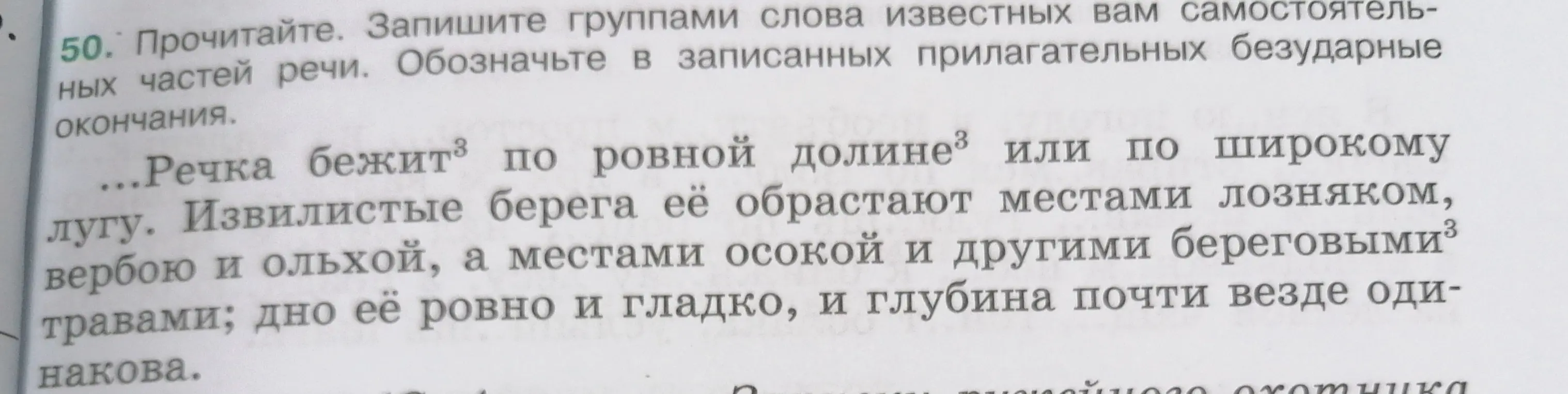 Ты просишь записать группами слова известных самостоятельных частей речи из текста и обозначить в записанных прилагательных безударные окончания.