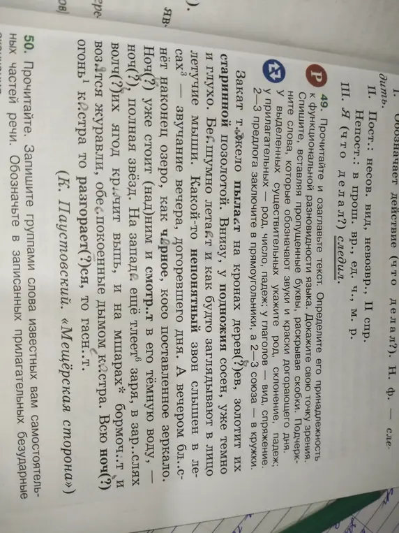 Ты просишь прочитать и озаглавить текст, определить его принадлежность к функциональной разновидности языка, списать, вставляя пропущенные буквы и раскрывая скобки, подчеркнуть слова, которые обозначают звуки и краски догорающего дня.