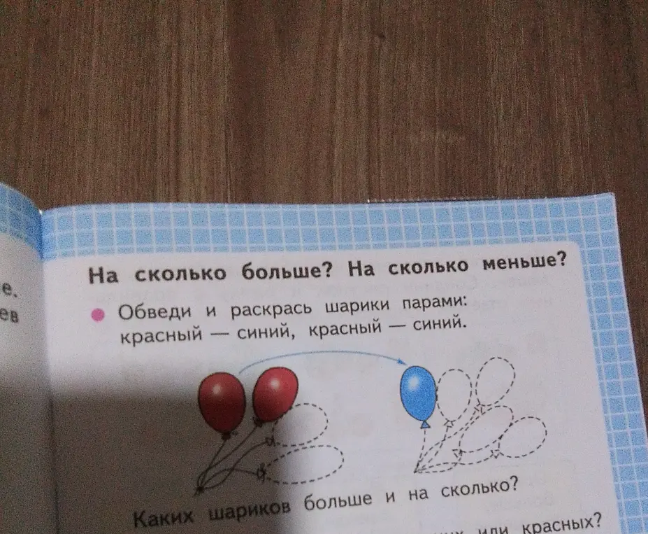 Объясни, как решить задачу: Обведи и раскрась шарики парами: красный — синий, красный — синий. Каких шариков больше и на сколько?