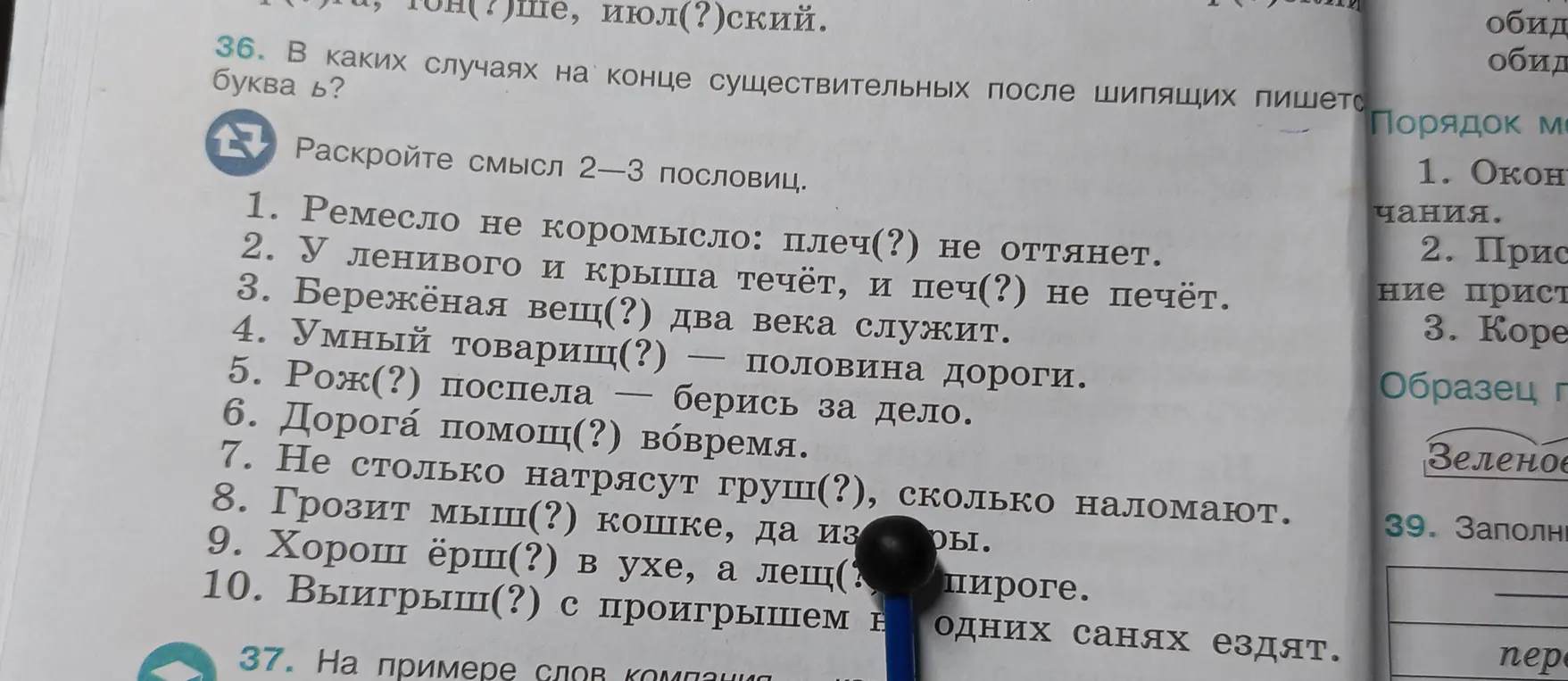 Объясни, в каких случаях на конце существительных после шипящих пишется буква Ь и раскрой смысл 2-3 пословиц