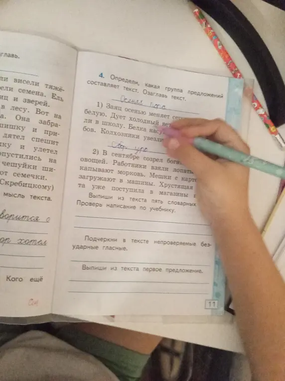 Ты можешь определить, какая группа предложений составляет текст и озаглавить текст? Также, подчеркни в тексте непроверяемые безударные гласные и выпиши из текста первое предложение.