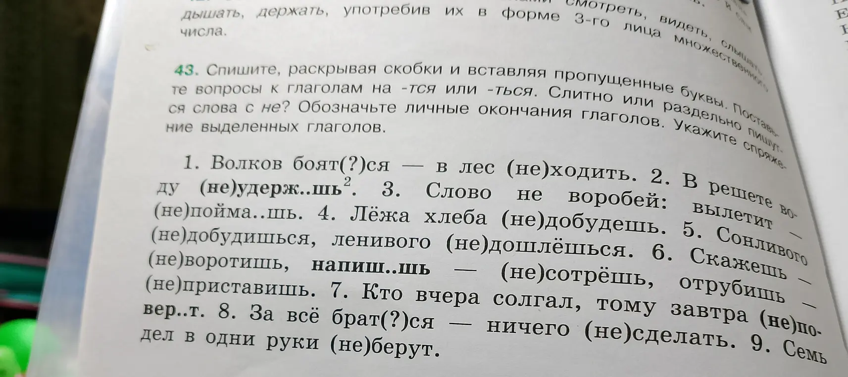 Выполни упражнение: спиши, раскрывая скобки и вставляя пропущенные буквы в предложении 'Волков боят(?)ся — в лес (не)ходить.'