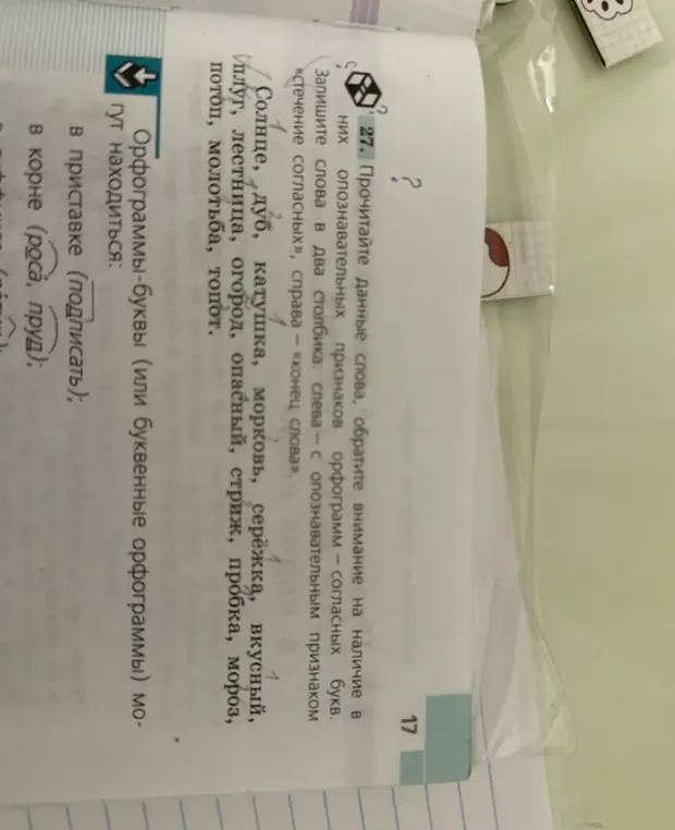 Ты просишь распределить слова, обращая внимание на наличие в них опознавательных признаков орфограмм согласных букв, в два столбика: слева - с опознавательным признаком «стечение согласных», справа - «конец слова».