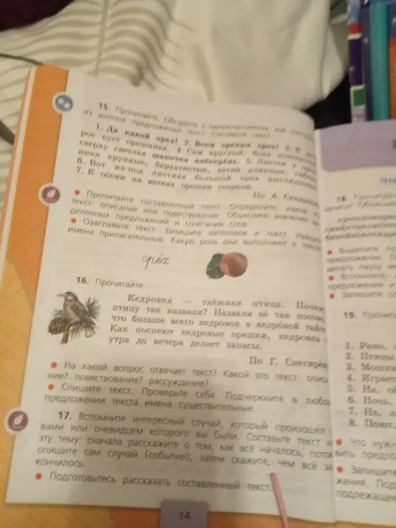 Определи, какой текст в упражнении 15: описание или повествование.