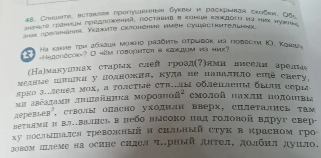 Выполни задание 48: спиши текст, вставляя пропущенные буквы и раскрывая скобки, обозначь границы предложений, поставь нужные знаки препинания и укажи склонение имён существительных.